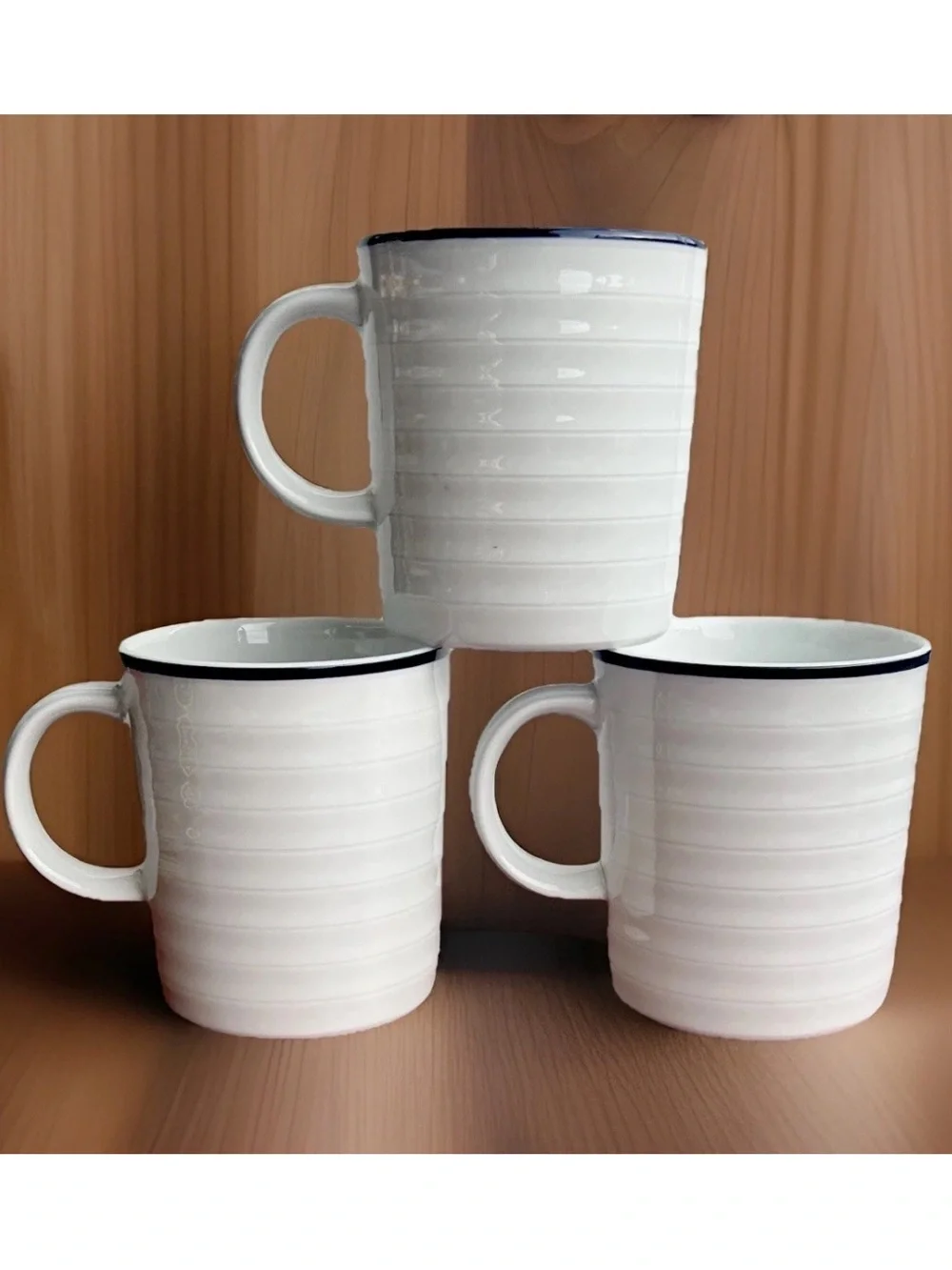 Crate & Barrel Roulette Blue Band Ribbed Mugs~Spal Porcelain~White SET OF 3